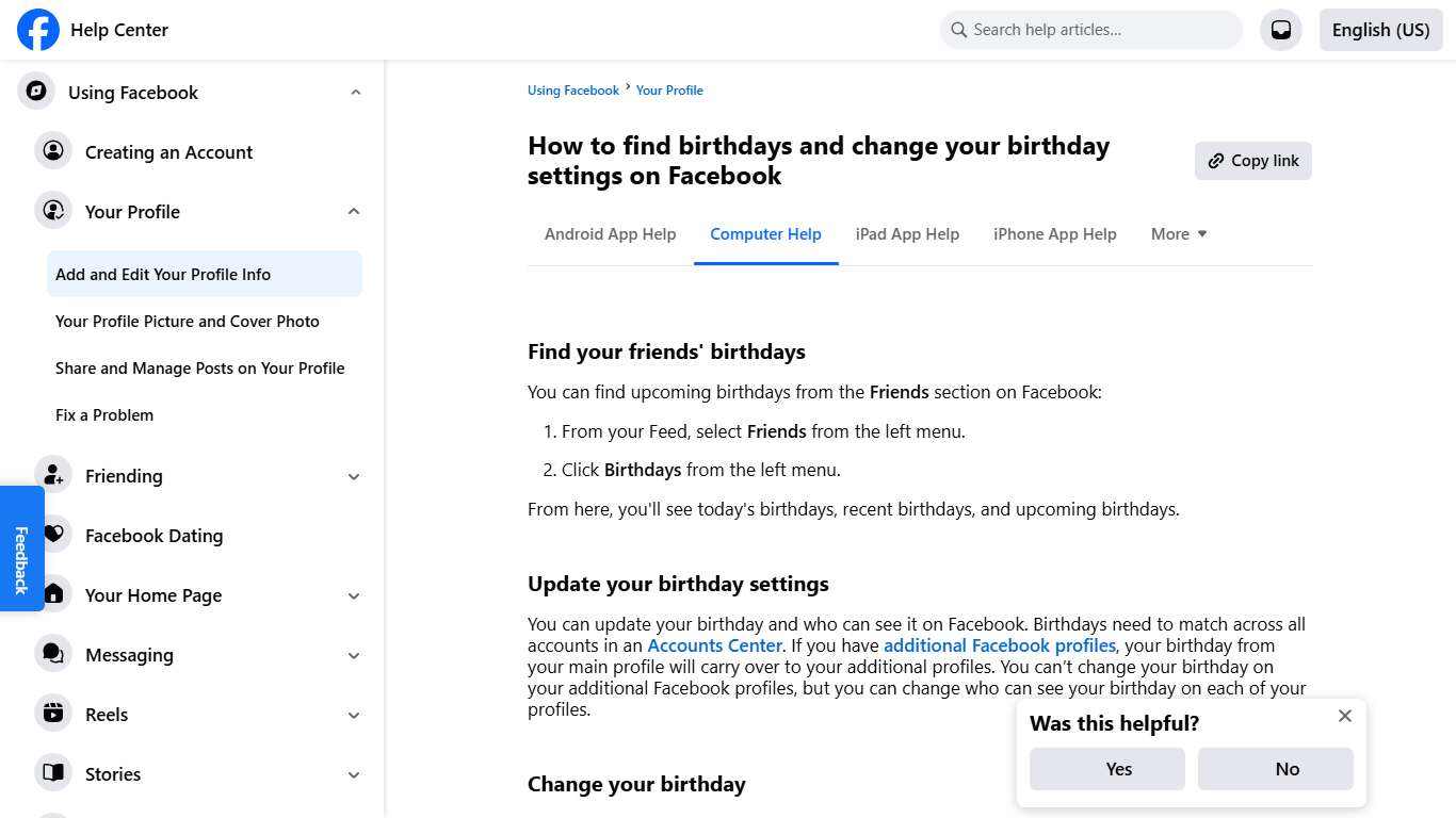 How to find birthdays and change your birthday settings on Facebook | Facebook Help Center